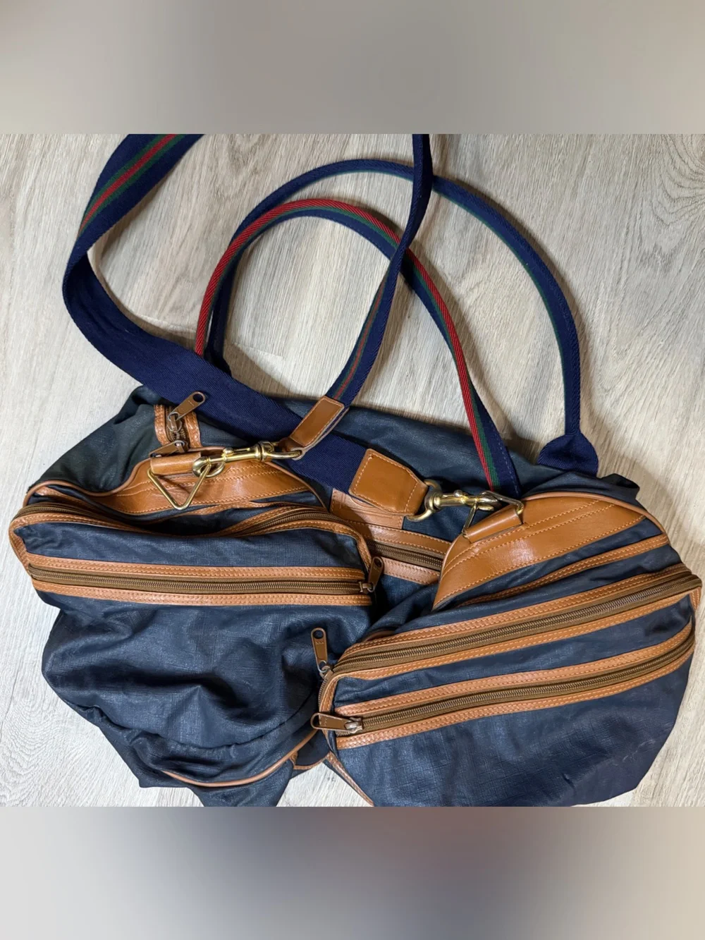 Gucci Navy Duffel Bag with Tan Leather Trim and Red-Green Stripe Webbing